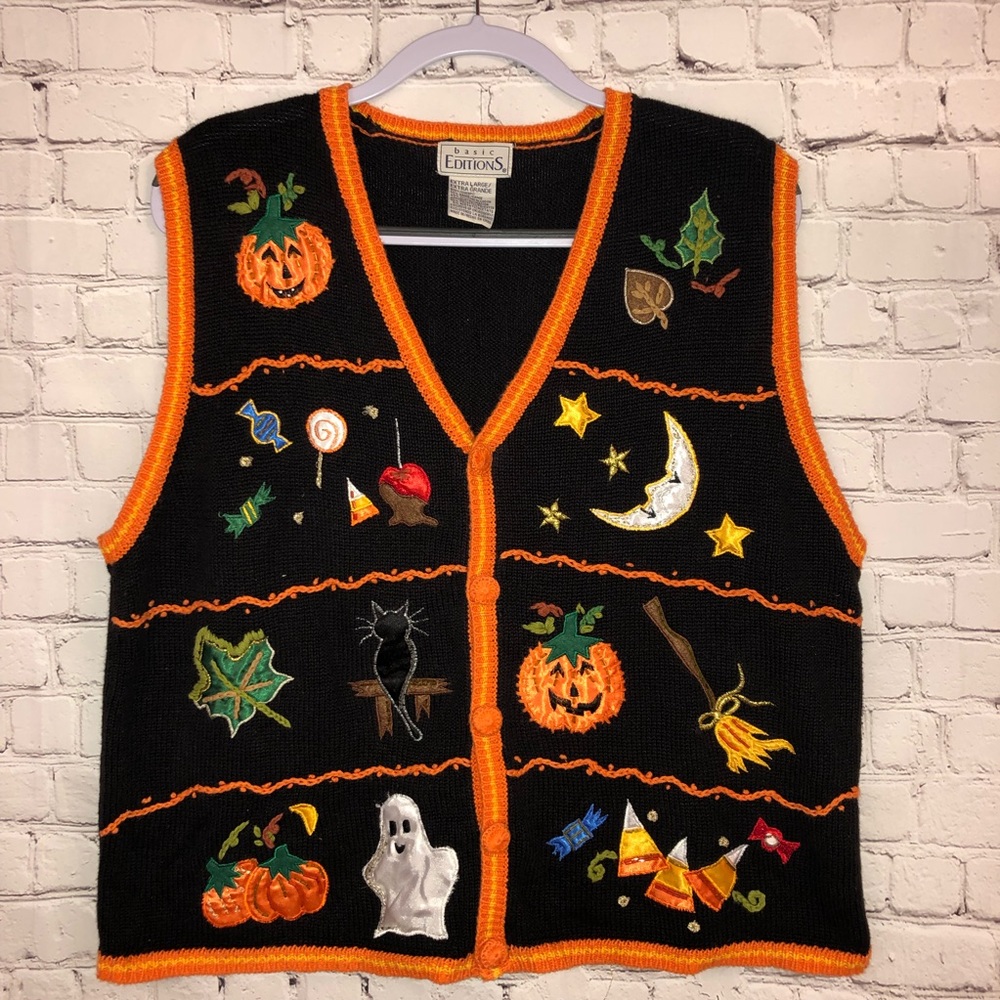 Halloween fall SWEATER vest knit pumpkins cats XL